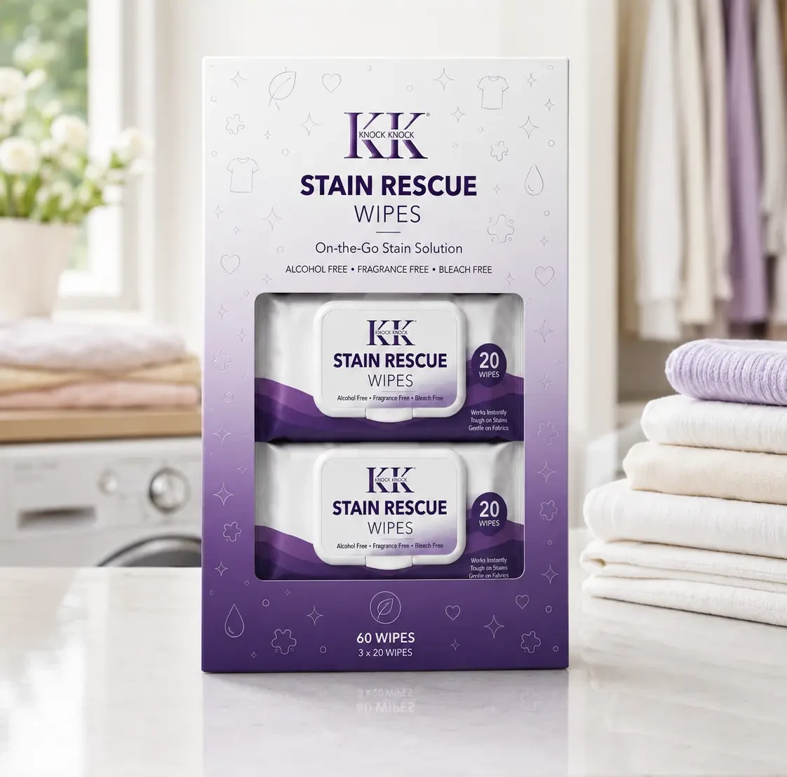 Knock Knock 60-wipe Stain Rescue box on a laundry room counter beside folded white towels
