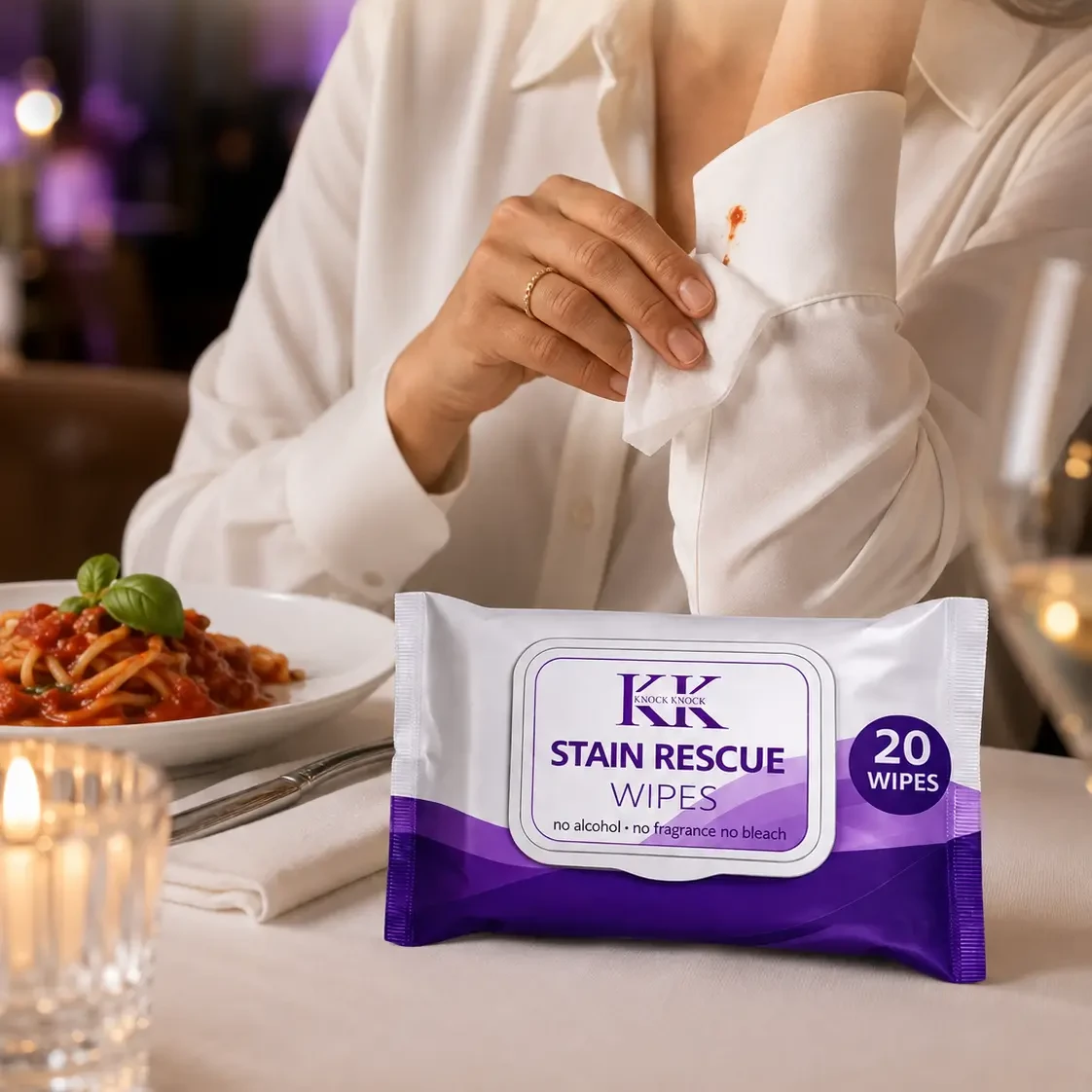 KNOCK KNOCK stain rescue wipes used at dinner