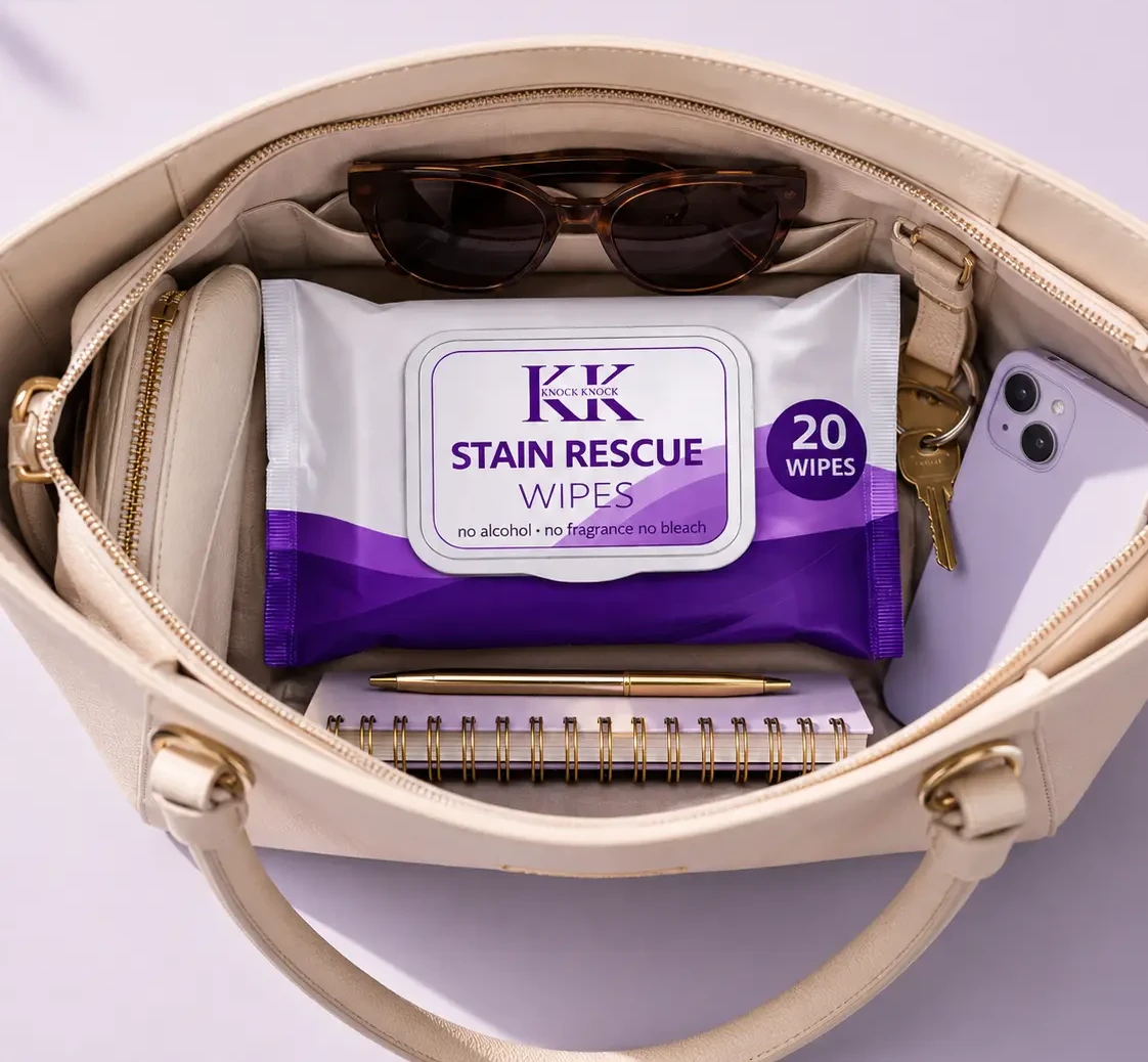 Knock Knock 20-wipe Stain Rescue pack inside a cream handbag with sunglasses, keys and a phone