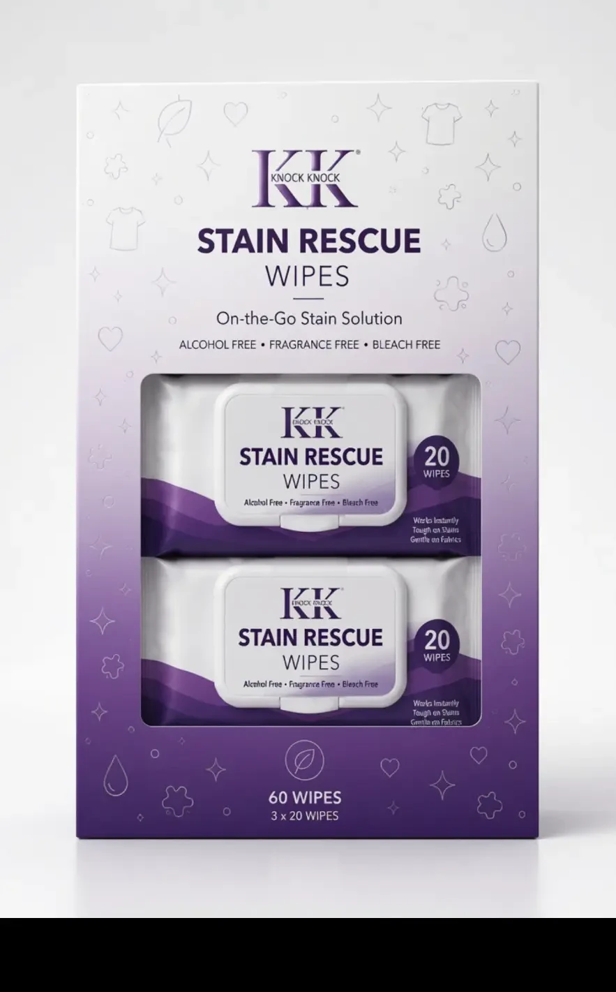 Knock Knock 60-wipe Stain Rescue box containing three 20-wipe packs on a white studio background